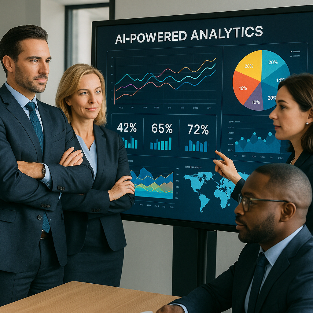 A confident executive team gathered around a digit