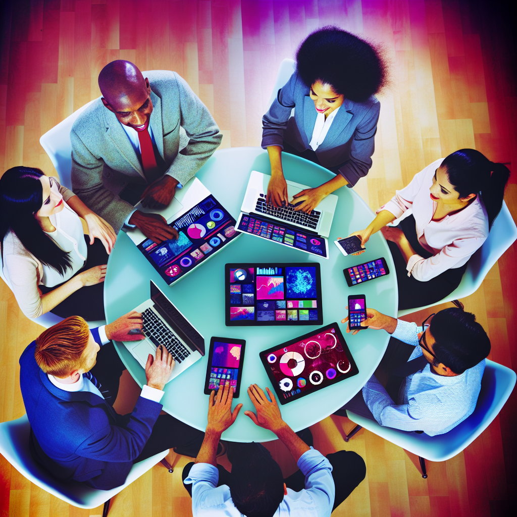 A dynamic visual showing a diverse team of small b