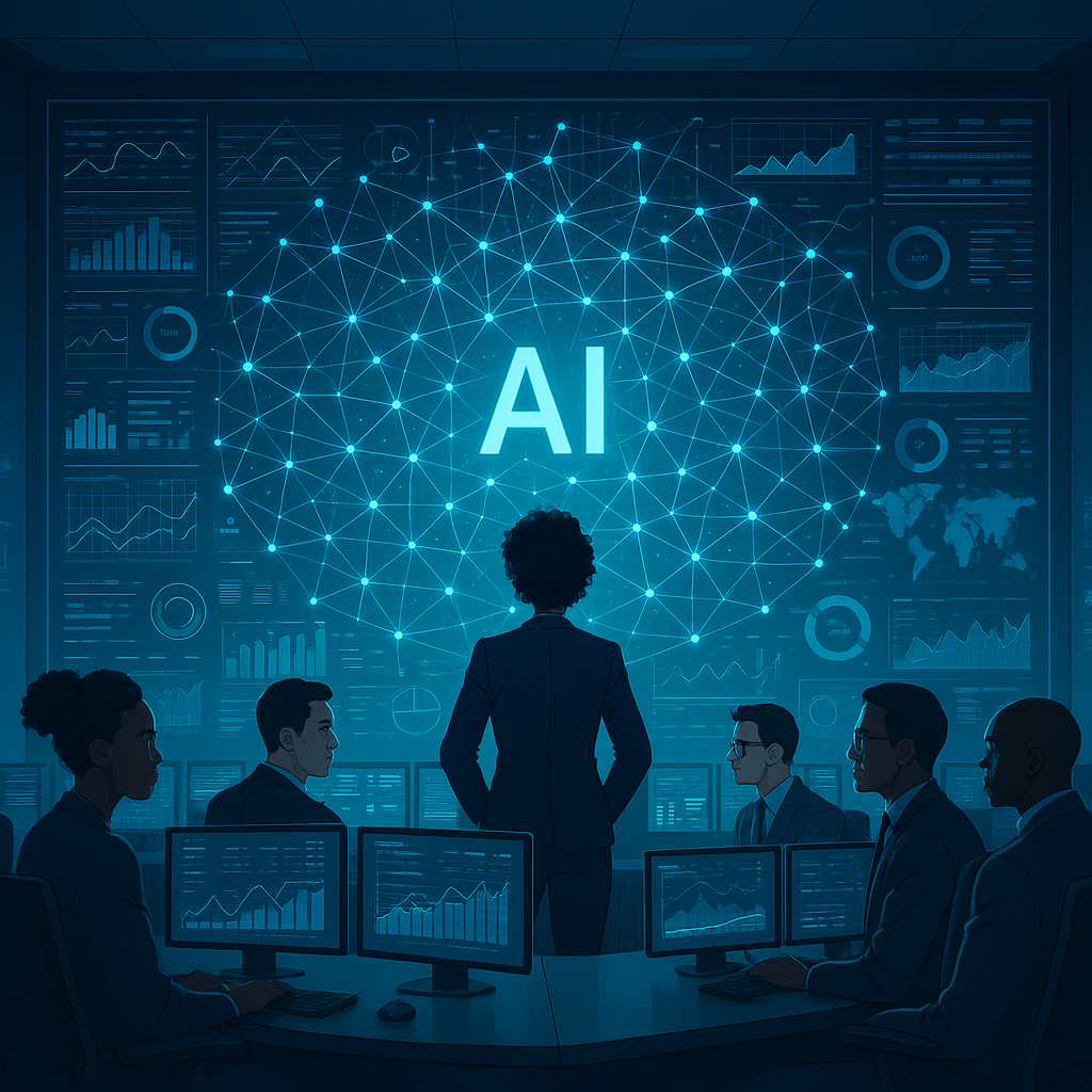 A futuristic control room with diverse professiona