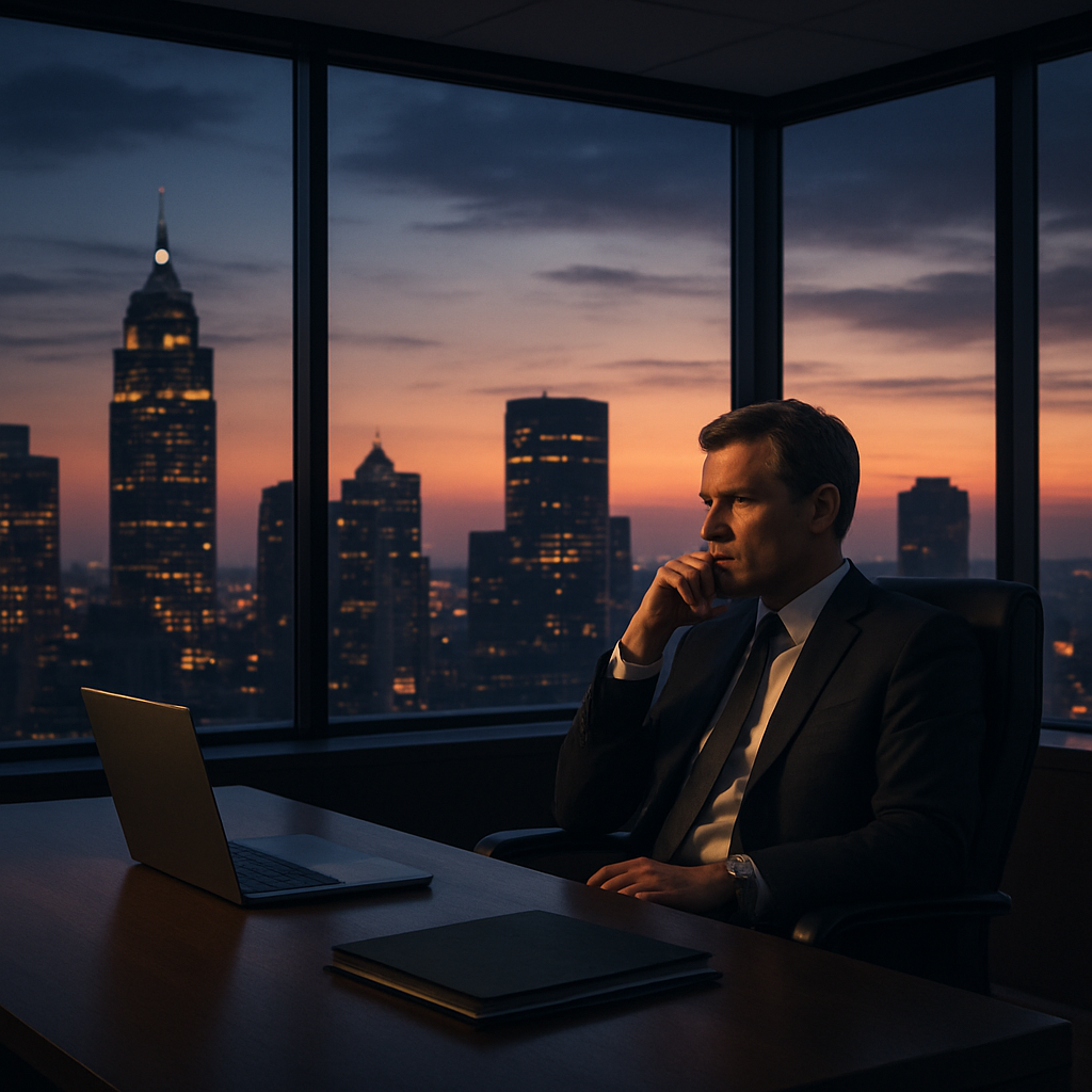 A professional, contemplative CEO sits alone in a