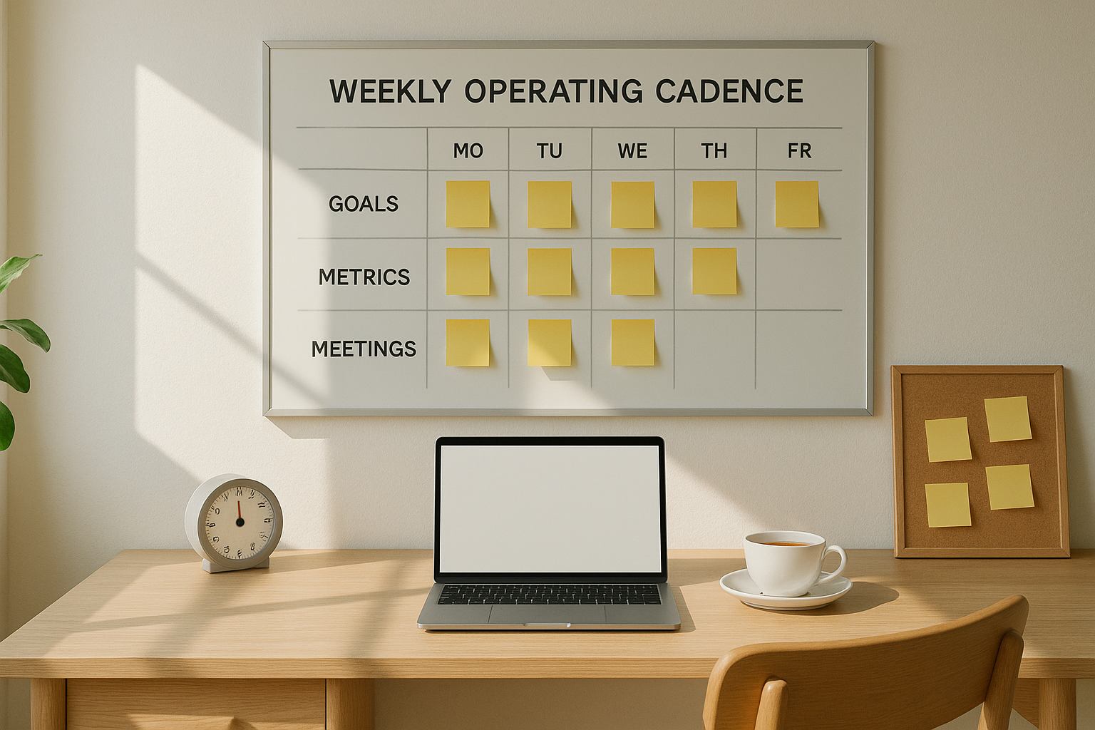 Sunlit founder workspace with a simple weekly cadence board, timer, and tidy notes.