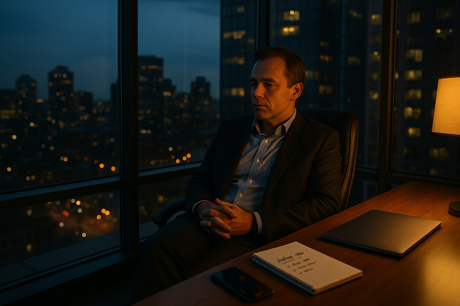 A reflective CEO in a quiet corner office at dusk, notepad and closed laptop on the desk, city lights outside.
