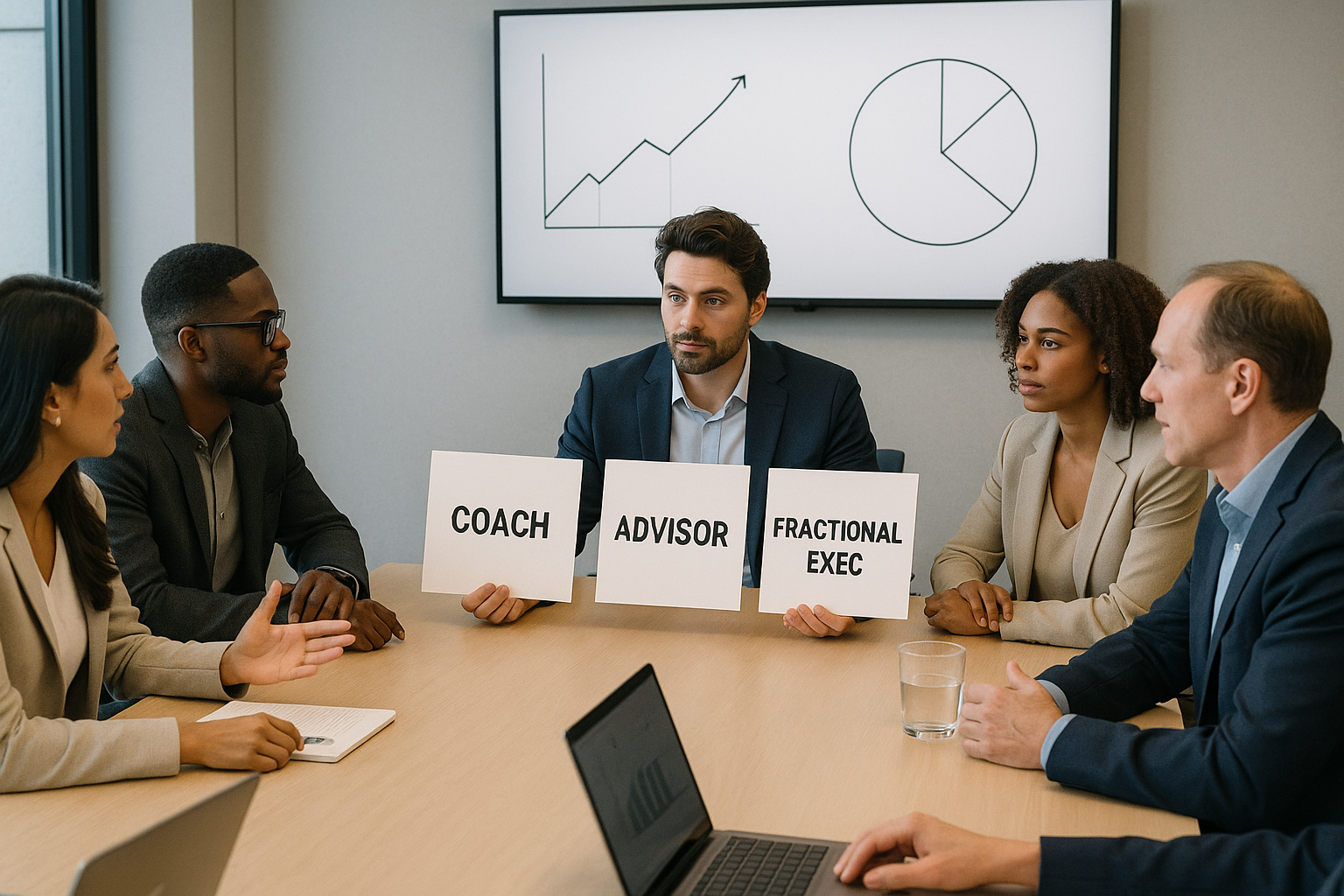 A founder and team compare options labeled Coach, Advisor, and Fractional Exec in a modern conference room.