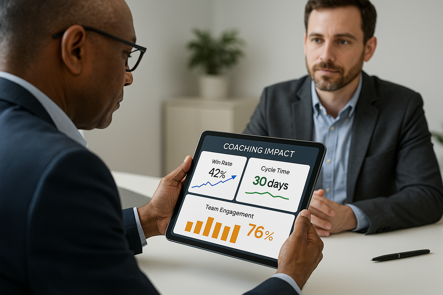 CEO reviewing a tablet dashboard of coaching impact metrics across the table from a coach.
