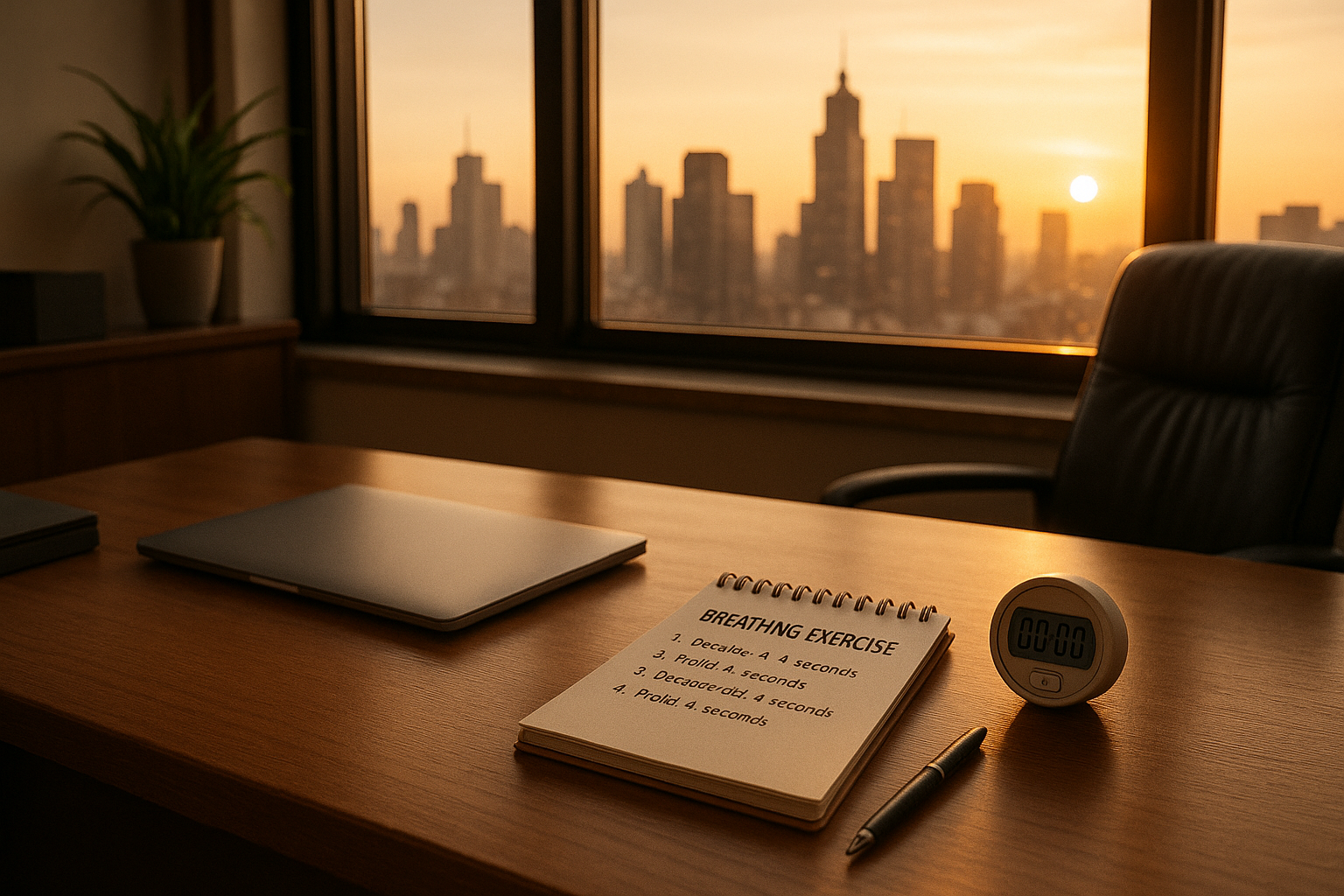 Sunrise-lit executive desk with notepad breathing exercise, timer, and skyline.