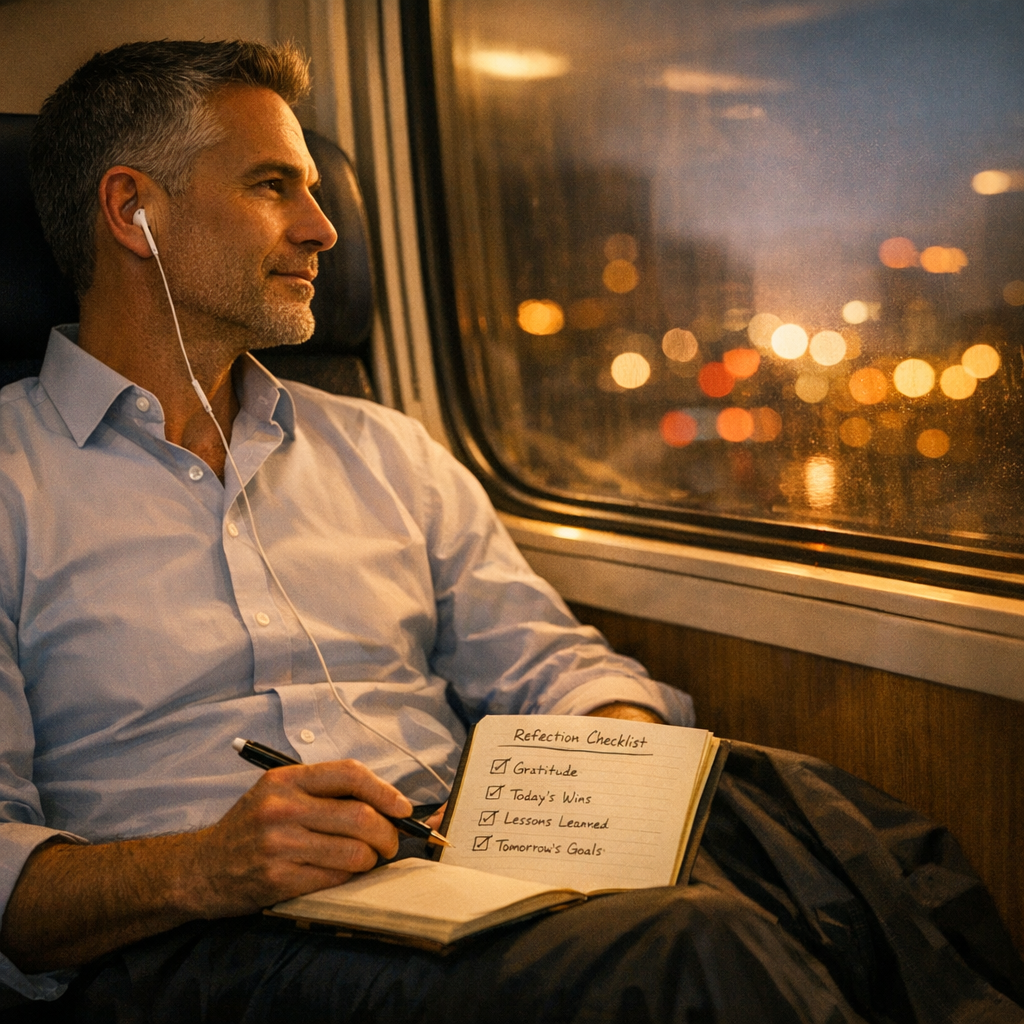 A CEO on an evening commute home, jacket off, sitting by a window with city lights outside and a notebook with a short reflection checklist on their lap.