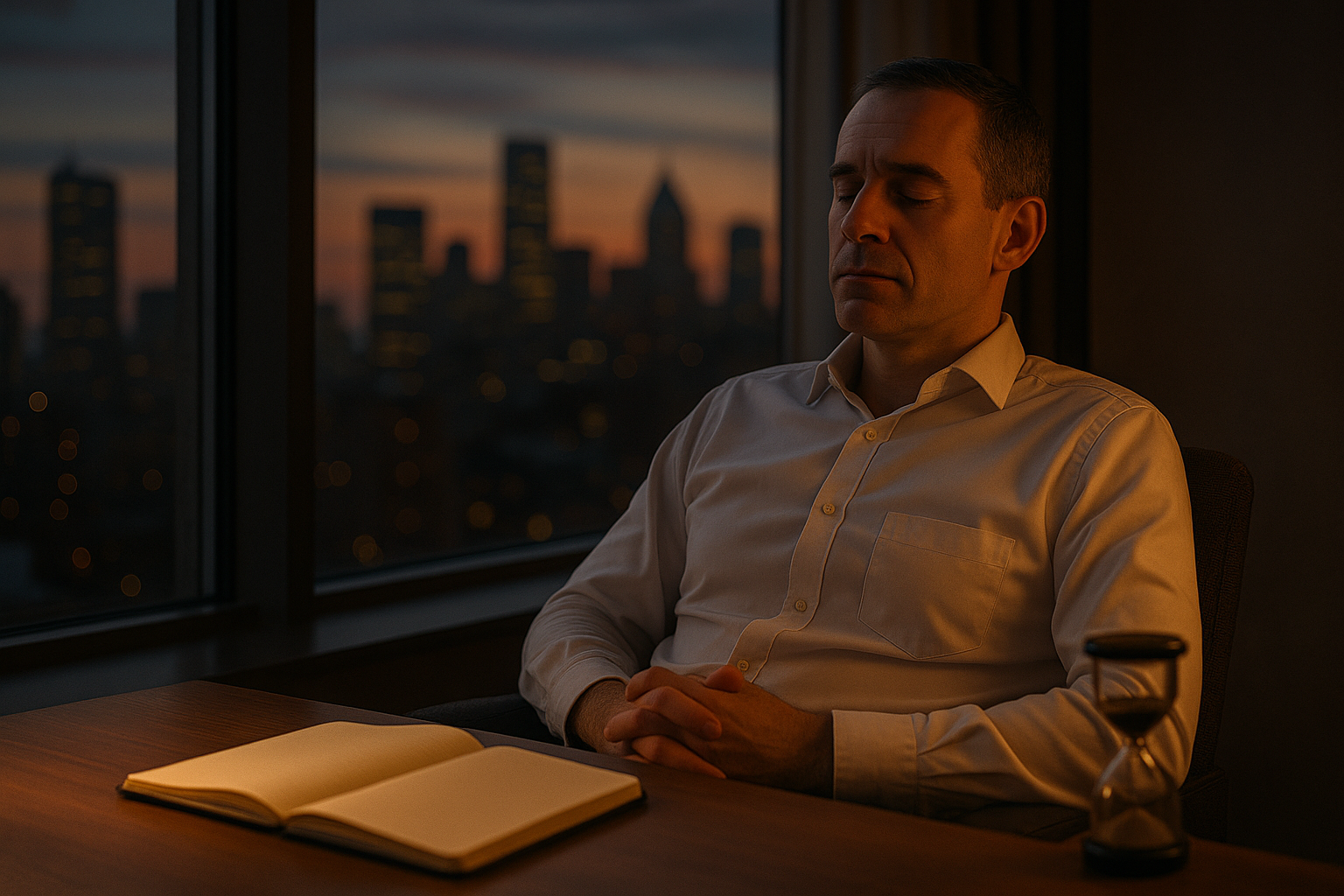 A CEO taking a 10-minute reset by a window at dusk, with a notebook and timer.
