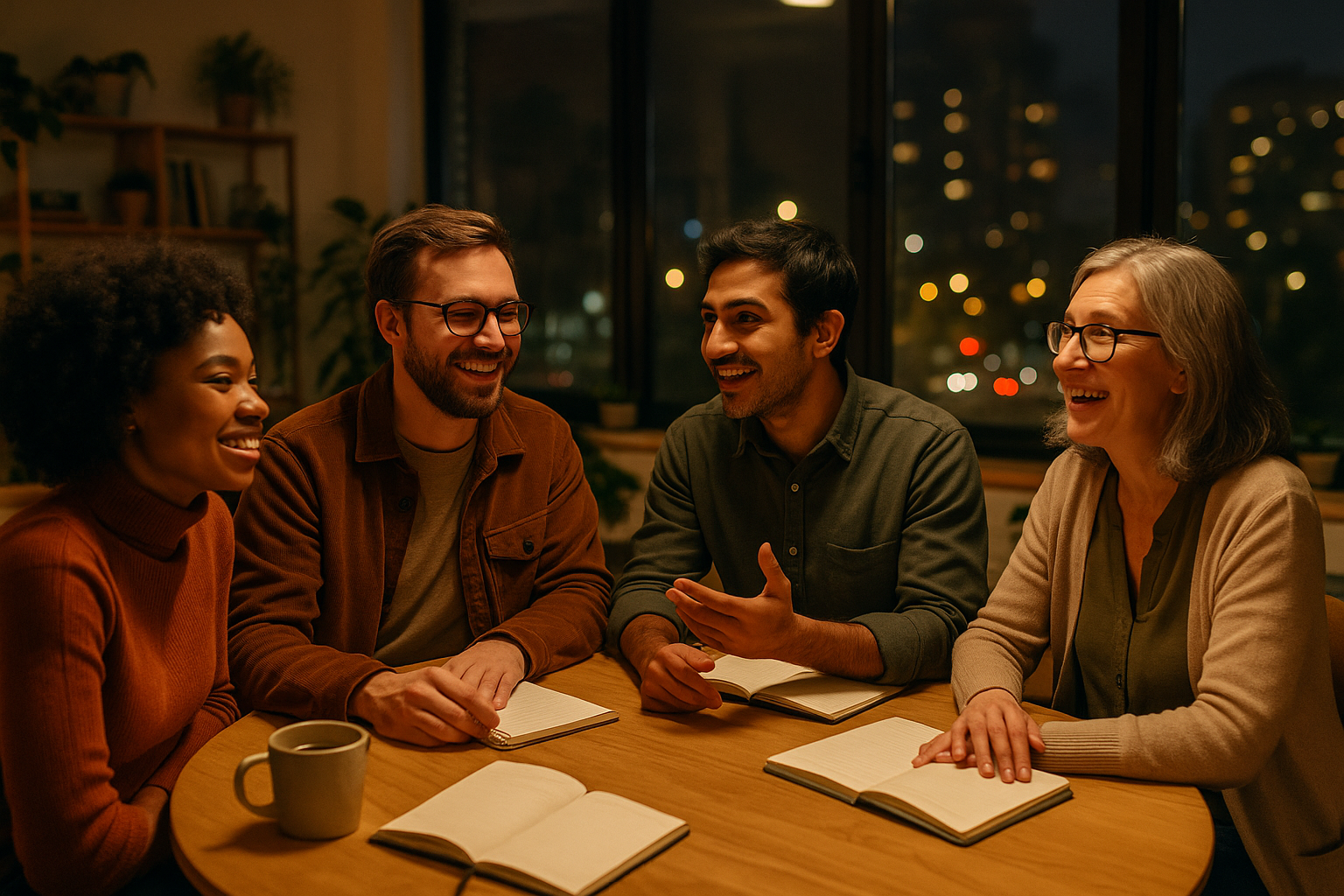 A small group of diverse founders sharing ideas in a cozy coworking space at night.
