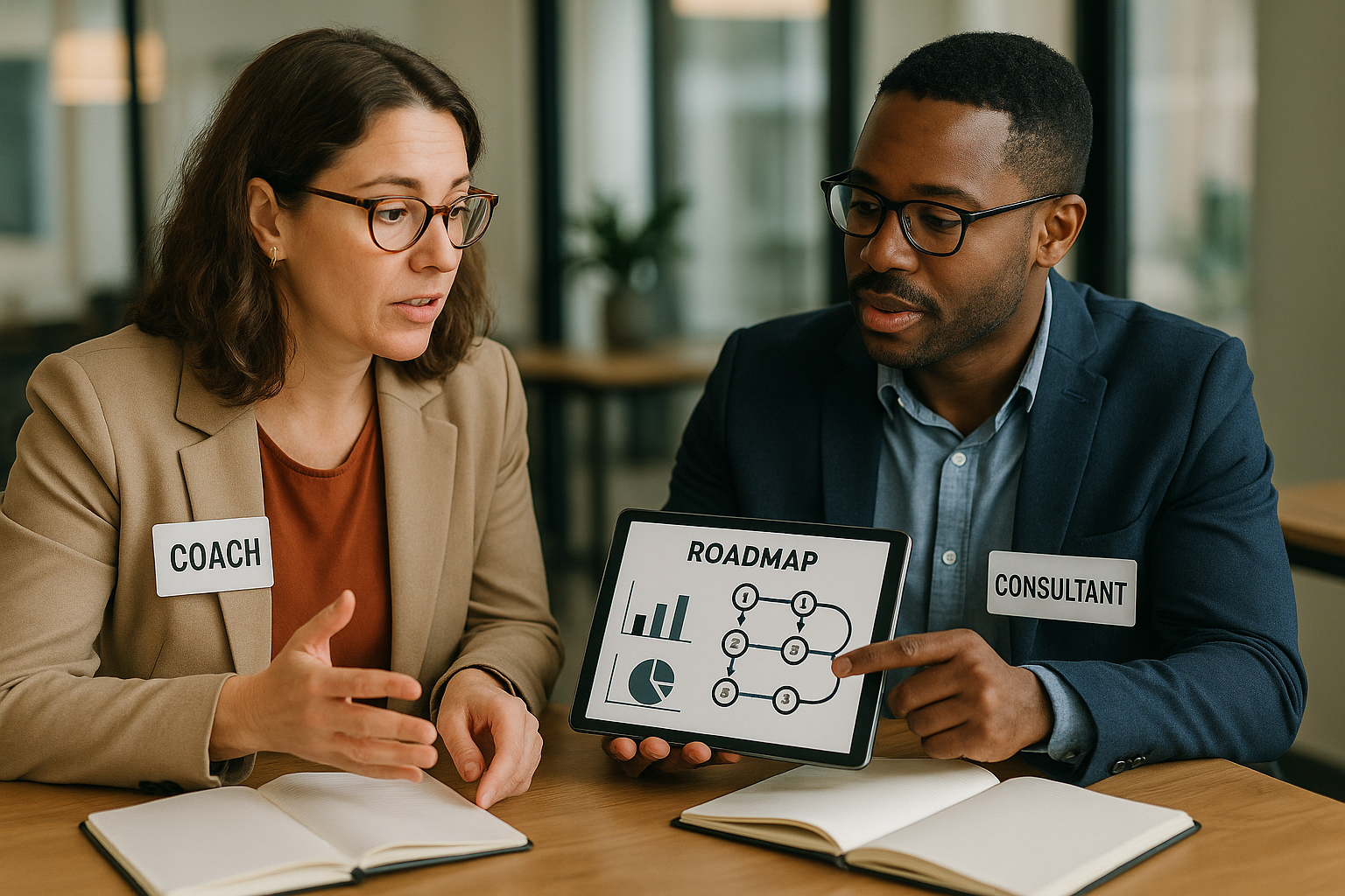 Two professionals compare a coaching-style roadmap and a consultant’s plan in a modern office.